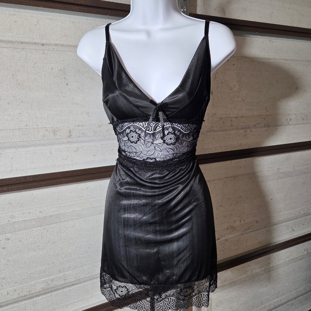 Tracy Black Satin Lace Sheer Bow Y2k Chemise Nightgown Slip Dress C775 Medium